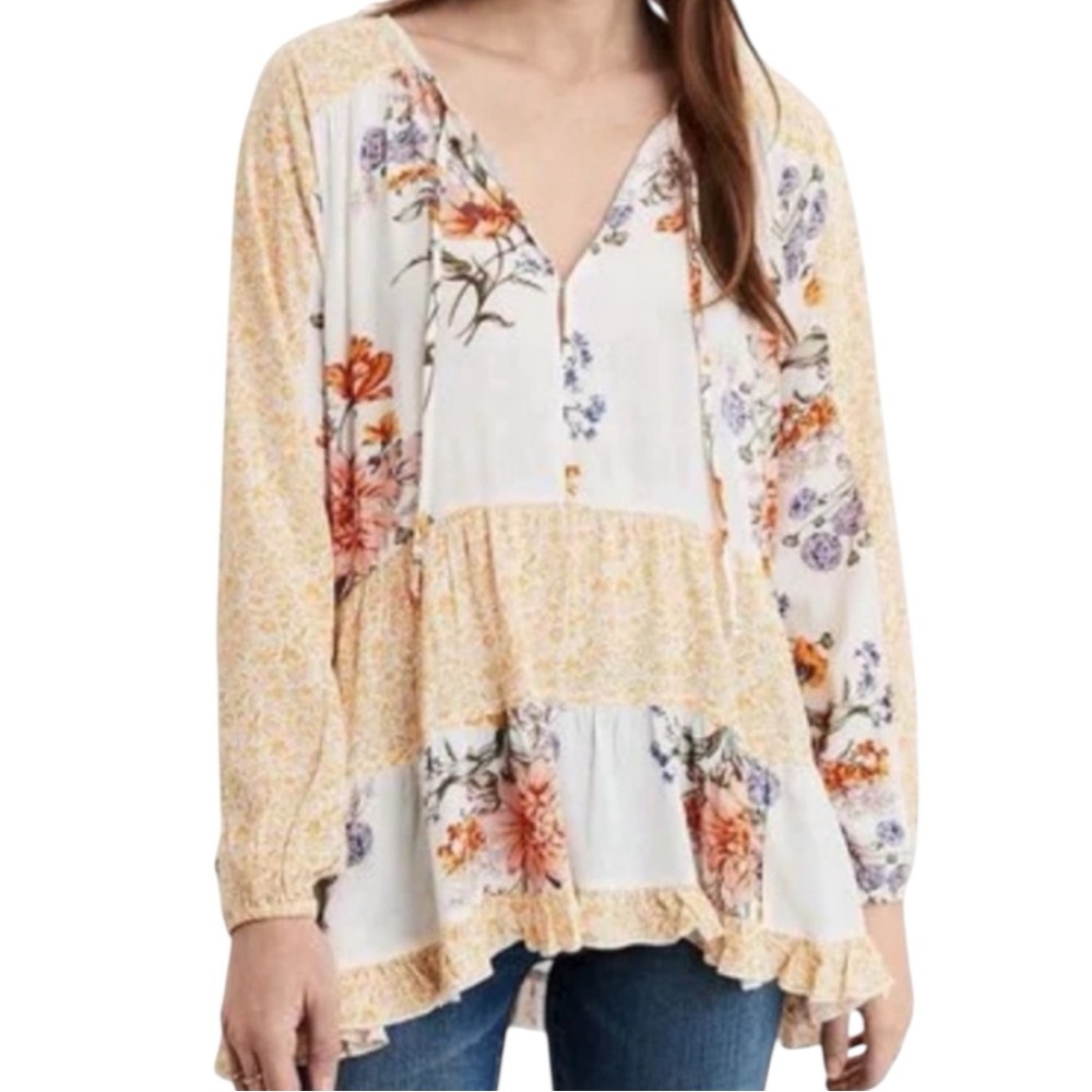 NEW American Eagle Tiered Ruffle Peasant Boho Babydoll Top Patchwork Floral SZ M